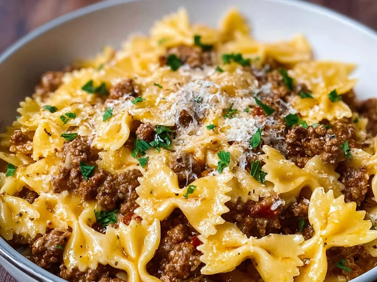 Creamy Garlic Butter Bowtie Pasta with Ground Beef - Image 1