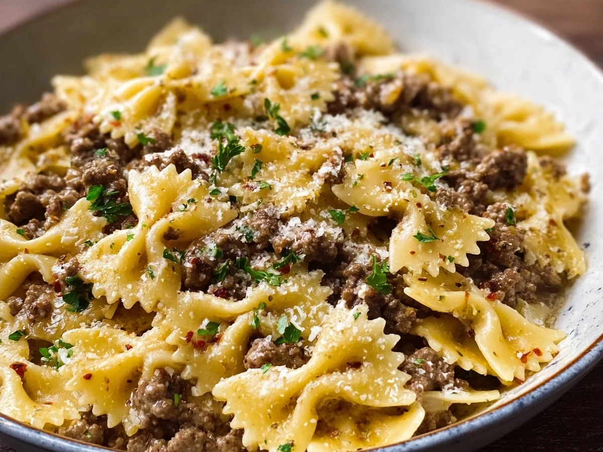Creamy Garlic Butter Bowtie Pasta with Ground Beef - Image 2