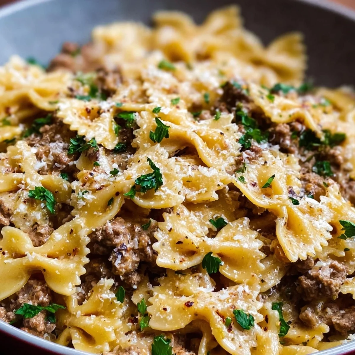 Creamy Garlic Butter Bowtie Pasta with Ground Beef