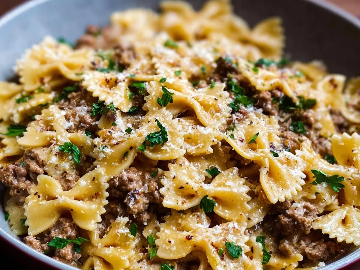 Creamy Garlic Butter Bowtie Pasta with Ground Beef - Featured Image