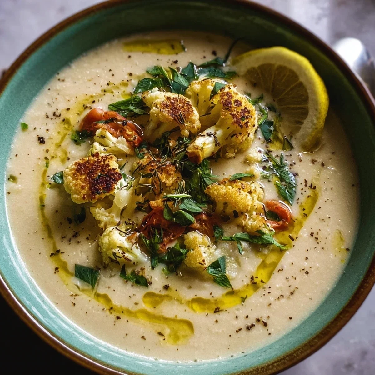 Creamy Mediterranean Cauliflower Soup (Vegan, GF)