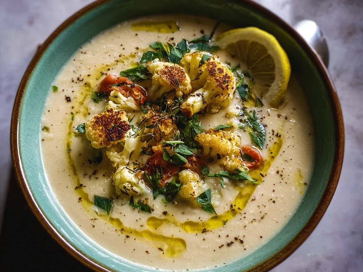Creamy Mediterranean Cauliflower Soup (Vegan, GF) - Featured Image