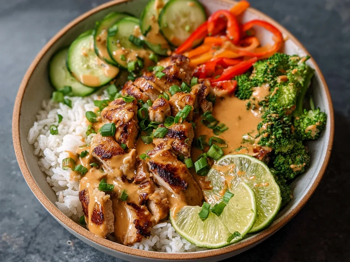 Creamy Thai Peanut Chicken Buddha Bowl Recipe - Featured Image