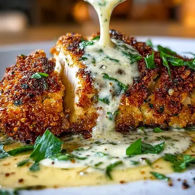 Crispy Parmesan Crusted Chicken with Creamy Garlic Sauce