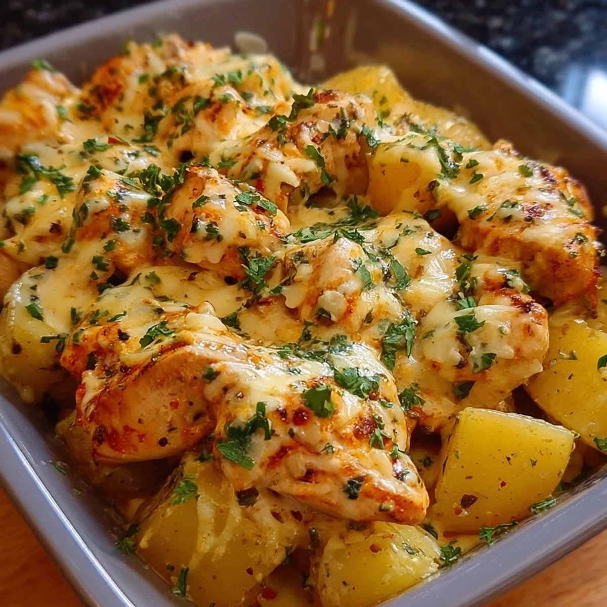 High-Protein Creamy Garlic Cheesy Chicken & Potatoes