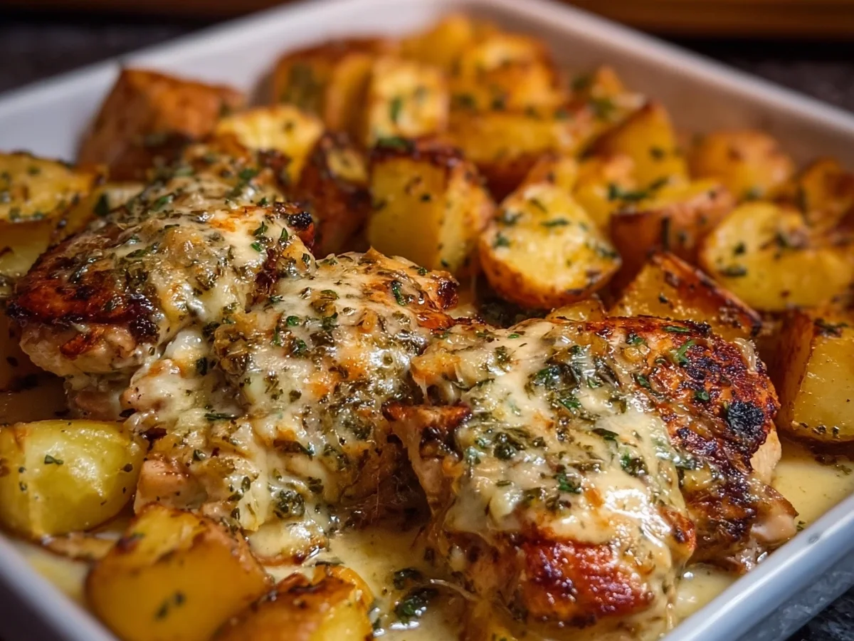 High Protein Crispy Garlic Cheesy Chicken & Potatoes - Featured Image