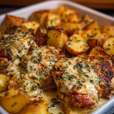 High Protein Crispy Garlic Cheesy Chicken & Potatoes