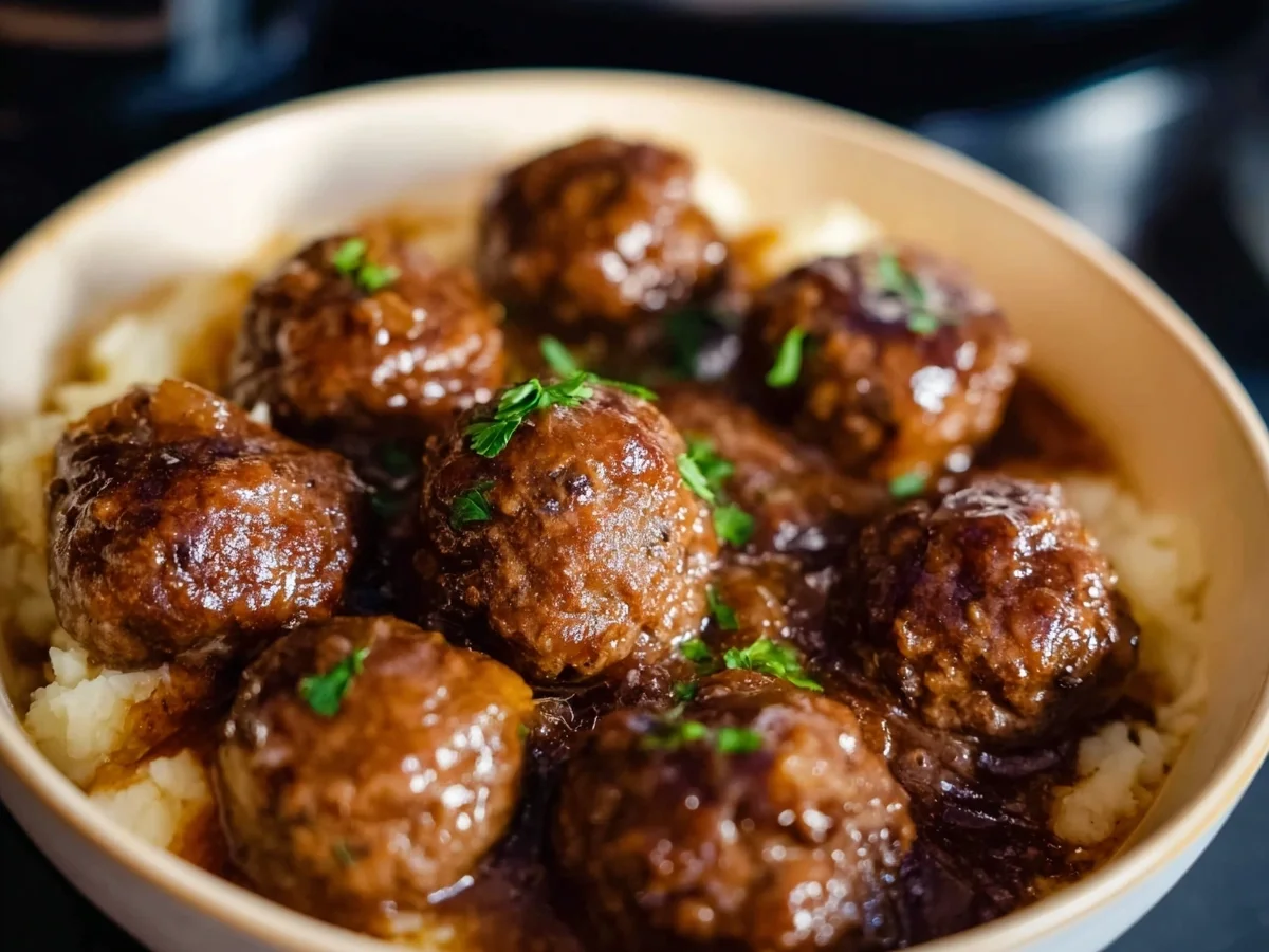 High Protein Slow Cooker Salisbury Steak Meatballs - Featured Image