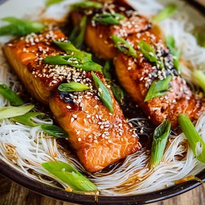 High Protein Teriyaki Salmon with Rice Noodles